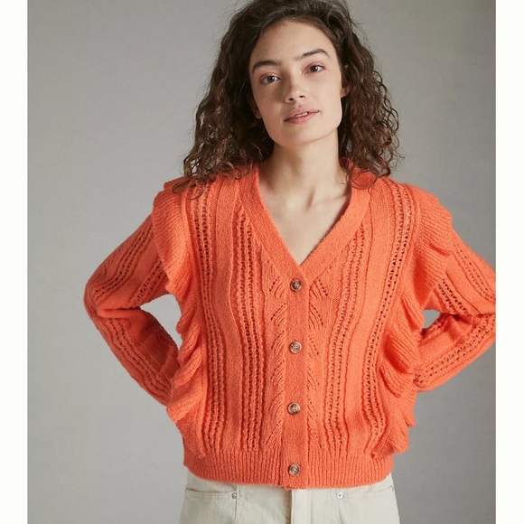 Anthropologie Sweaters - Petunia Ruffled Pointelle Cardigan Sz Large